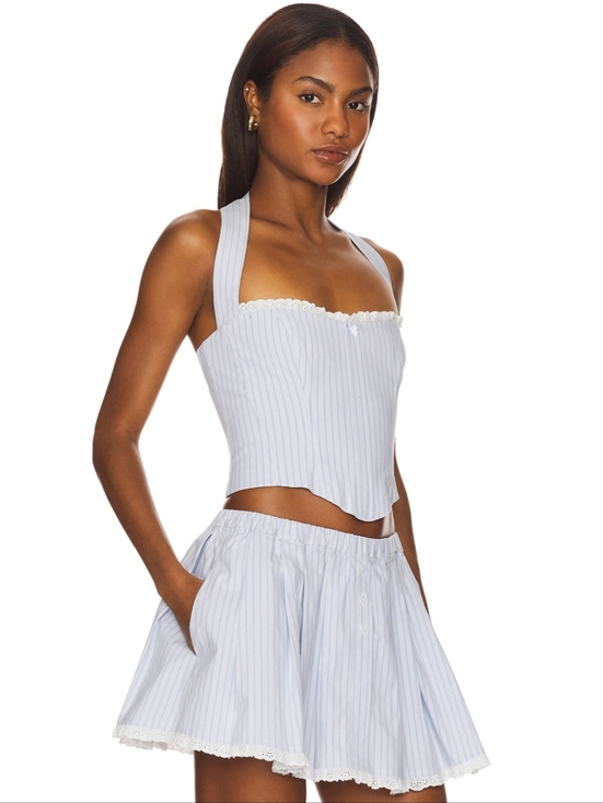 MAJORELLE Dresses & Skirts - MAJORELLE Light Blue and White Striped Skirt Set with Lace Trim